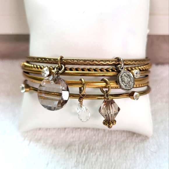 Brassy Tone Bangle Bracelets with Dangle Charms Set of 6 - Picture 1 of 6